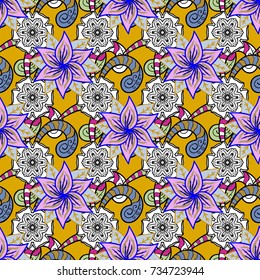 Design gift wrapping paper, greeting cards, posters and banner design. Flowers on yellow, white and black colors. Vector flat flowers seamless pattern.