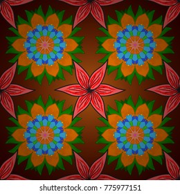 Design gift wrapping paper, greeting cards, posters and banner design. Flowers on brown, orange and green colors. Vector flat flowers seamless pattern.