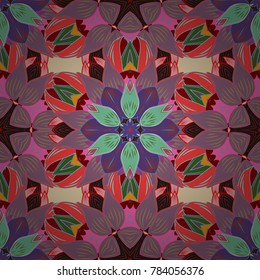 Design gift wrapping paper, greeting cards, posters and banner design. Flowers on violet, orange and pink colors. Vector flat flowers seamless pattern.