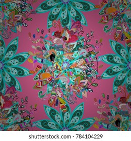 Design gift wrapping paper, greeting cards, posters and banner design. Flowers on pink, blue and green colors. Vector flat flowers seamless pattern.
