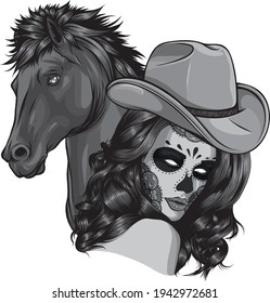 design of girl dressed as a cowboy with horse
