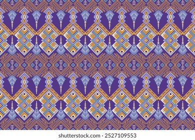 The design gives a sense of symmetry and balance, with alternating shapes and colors creating a harmonious effect. This type of pattern could be found in traditional fabric weaving or modern digital 