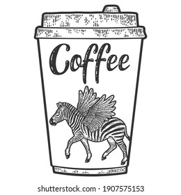 Design of a glass of coffee, zoo, zebra with wings. Engraving vector illustration. Sketch scratch board imitation.