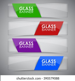 Design glass horizontal web banners with colorful ribbons on a white background. Vector illustration. Set
