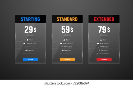 Design of glass price tables with a glossy strip for the title. Vector set of templates for web site.