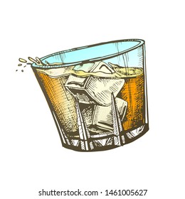 Design Glass With Whisky And Ice Cubes Vector. Hand Drawn Glass With Cold Irish Booze Distilled And Aging In Wooden Barrel. Mug Alcoholic Drink And Splash Template Color Illustration