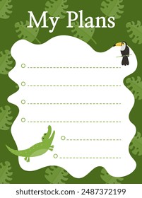 The design of the glider with the image of a crocodile and a toucan. Children's animal background. Vector illustration of the flat style.