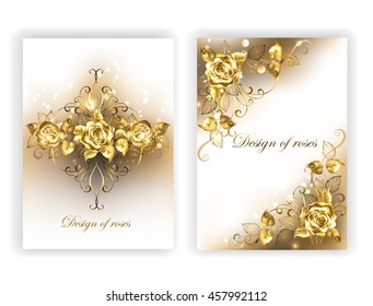 Design of glittering, jewelry, gold roses on white background.