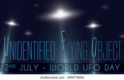 
Design with glowing flying saucers in the night sky with its light beams, celebrating the  World UFO Day this 2nd July.