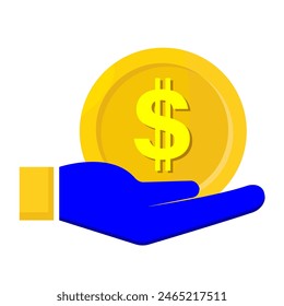 Design of a gold dollar coin in hand on a white background. Can be used as an icon or logo or as a separate financial vector design element