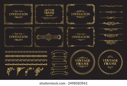 Design gold elements set, decorative flourish border corner and frame collection for invitation, menu and page decoration
