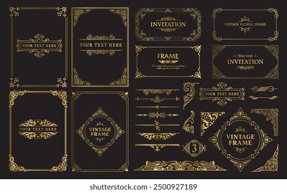 Design gold elements set, decorative flourish border corner and frame collection for invitation, menu and page decoration