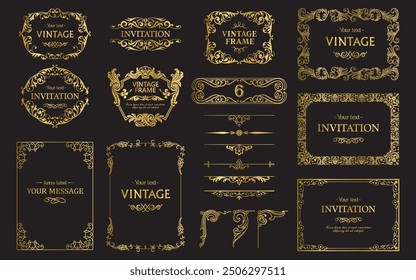 Design gold elements set, decorative flourish border corner and frame collection for invitation, menu and page decoration
