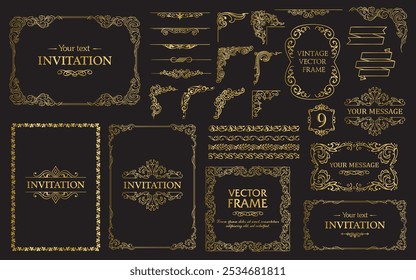 Design gold elements set, decorative flourish border corner and frame collection for invitation, menu and page decoration