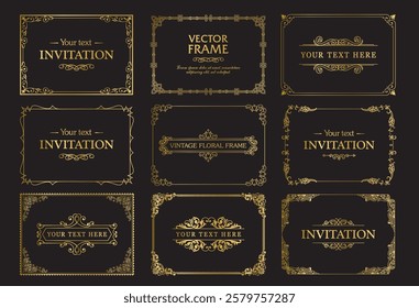 Design gold elements set, decorative flourish border corner and frame collection for invitation, menu and page decoration