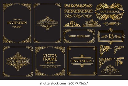 Design gold elements set, decorative flourish border corner and frame collection for invitation, menu and page decoration
