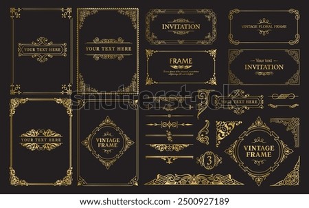 Design gold elements set, decorative flourish border corner and frame collection for invitation, menu and page decoration