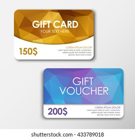 Design gold gift card, and the blue polygon voucher;  of $ 150 face value, 200. Vector illustration. Set