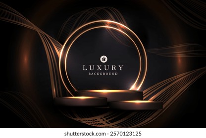 Design with gold podium and abstract shiny round frame on black background.