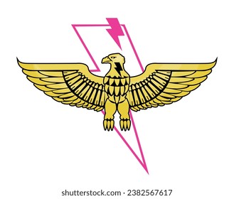 Design for a golden eagle t-shirt next to the thunderbolt symbol in pink.