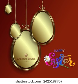 Design with golden Easter eggs with a gold border and with pendants like bows.