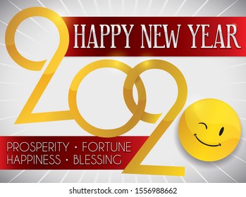 Design with golden number and happy face winking at you announcing the year 2020 with best wishes in red ribbons: blessings, happiness, fortune and prosperity.
