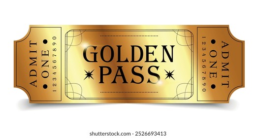 Diseño de la Plantilla Golden pass. Conveniente para el festival, cine, teatro, concierto, casino, circo, boletos del acontecimiento. Ilustración vectorial