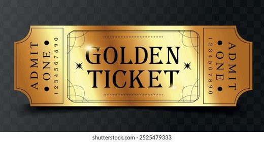 Design of Golden ticket template on dark background. Suitable for festival, cinema, theater, concert, casino, circus, event tickets. Vector illustration