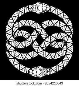Design in the Gothic style. Two intertwined snakes, isolated on black, vector illustration