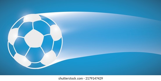 Design in gradient style with glowing and flying soccer ball like a thrown pass over blue background.