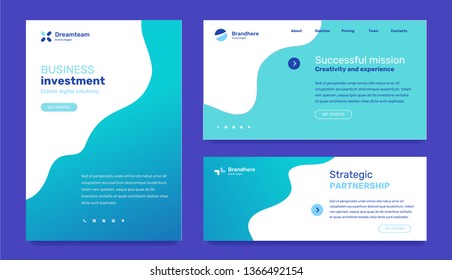Design with gradient for web page, site, poster, mobile website development. Vector set of business template with green color wave, icon, text, logo on white background