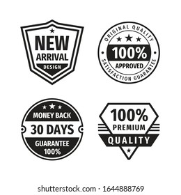 Design Graphic Badge Logo Vector Set In Retro Vintage Style. New Arrival. 100% Approved. 30 Days Money Back Guarantee. Premium Quality. Promotion Sticker. Retro Vintage Emblems. Black & White Colors.