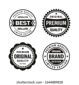 Design graphic badge logo vector set in retro vintage style. Absolute best seller, original premium quality, brand design, best choice. Emblem label template collection. Black & white colors. 