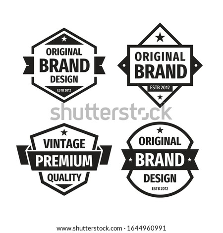 Design graphic badge logo vector set in retro vintage style. Original brand design, vintage premium quality. Promotion sticker. Retro vintage emblems. Black & white colors.