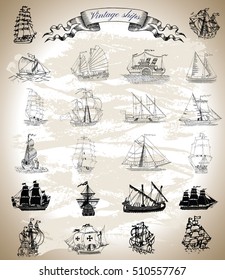 Design graphic collection with vintage ships, sailboats and vessels. Silhouettes and engraved drawings with vignette banner. Pirate adventures, treasure hunt and old transportation concept. 