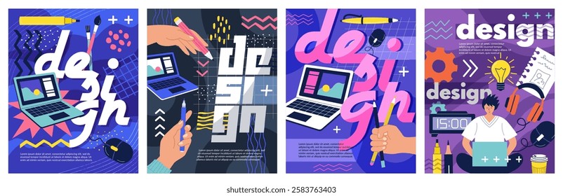 Design graphic poster. UI web content. Digital technology. Website designer. Developer text. Browser window. Computer remote work. Creative contemporary art flat element. Vector abstract banners set