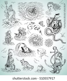 Design graphic set with sea mythologycal creatures, ships, mermaid and marine symbols for maps, logo. Engraved illustrations. Pirate adventures, treasure hunt and old transportation concept. 