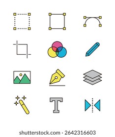 Design and graphic tools icon set with simple and minimal lines. Layer, crop, draw, photo, text, pen, area, drawing icons.