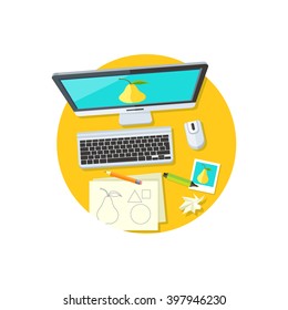 Design graphic work space flat. Graphic design workplace, technology and web design studio, graphic elements, computer drawing digital vector illustration. Tools for drawing near computer monitor
