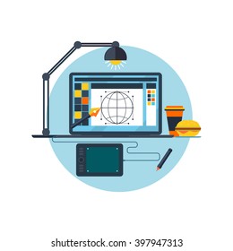 Design graphic work space flat. Workplace, technology and web studio, computer drawing