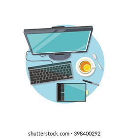 Design graphic work space flat. Workplace technology and web design studio, graphic elements computer drawing digital vector illustration. Tools tablet for drawing and cup of tea near computer monitor