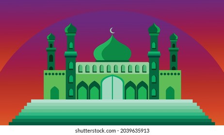 Design of a green coloured mosque.  Mosque illustration with stairs. Iconic template for Islamic or ramadhan events