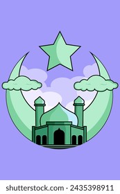 Design Green Mosque on Moon with Star Cartoon Illustration