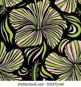 Design in green and neutral colors for invitation, wedding or greeting cards. Floral seamless pattern with hibiscus flowers. Vector hibiscus floral pattern. Hand drawing style on black background.