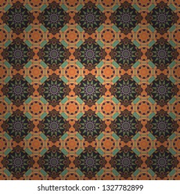 Design in green, orange and gray colors. Islam, Arabic, Indian, ottoman motifs. Seamless ceramic tile with colorful patchwork. Vector multicolor pattern in turkish style.