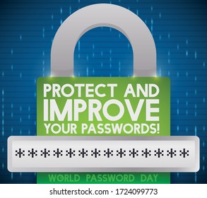 Design with green padlock promoting improvement online of protection through of strong passwords during Password Day celebration in the first Thursday of May.