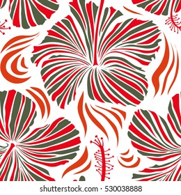 Design in green and red colors for invitation, wedding, greeting cards. Floral seamless pattern with hibiscus flowers. Vector hibiscus floral pattern. Watercolor hand drawing style on white background