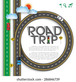 Design Green Road & Street Template with Words Road Trip and Clouds, Vector EPS10.