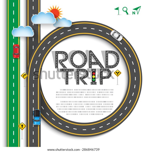 Design Green Road & Street Template\
with Words Road Trip and Clouds, Vector\
EPS10.