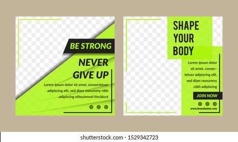 Design green square web banners for social media with place for photo collage, diagonal transparent color elements. Square templates for publications and advertising.